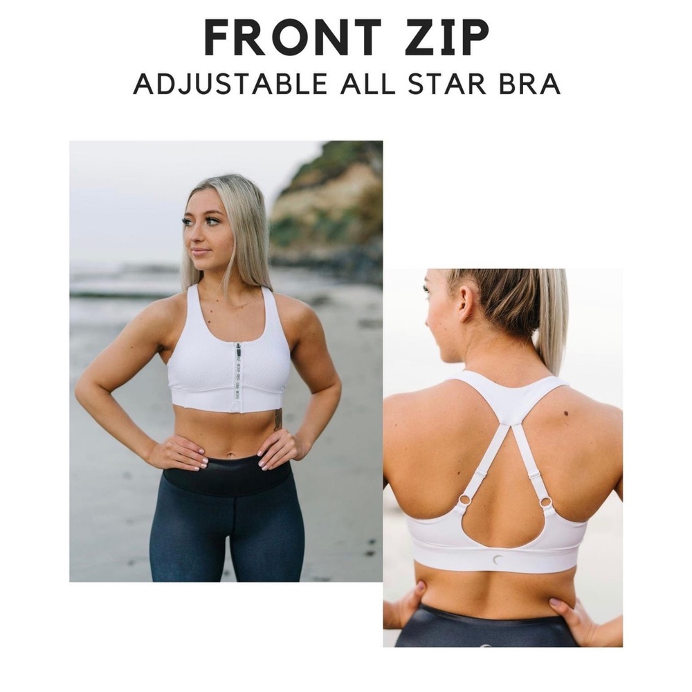 ZYIA XL sports bra white front zip all star womens white polka running workout